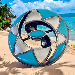 Vintage Brooch OR Pendant inlaid Turquoise MOP Southwesern Round Circle